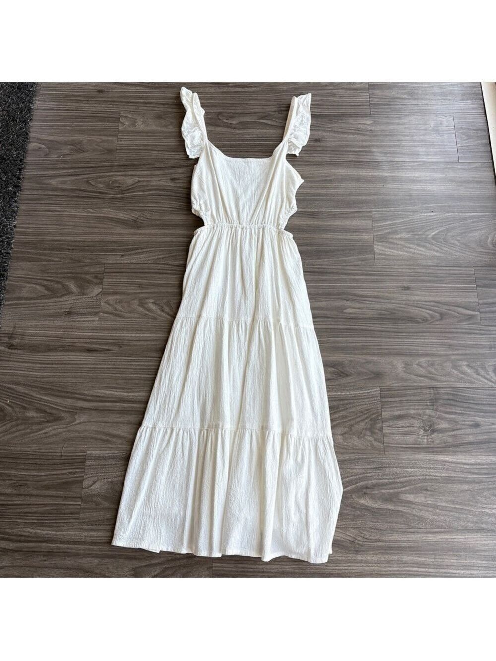 Billabong White Ruffled Tiered Midi Sundress with Cutouts XS 100% cotton
